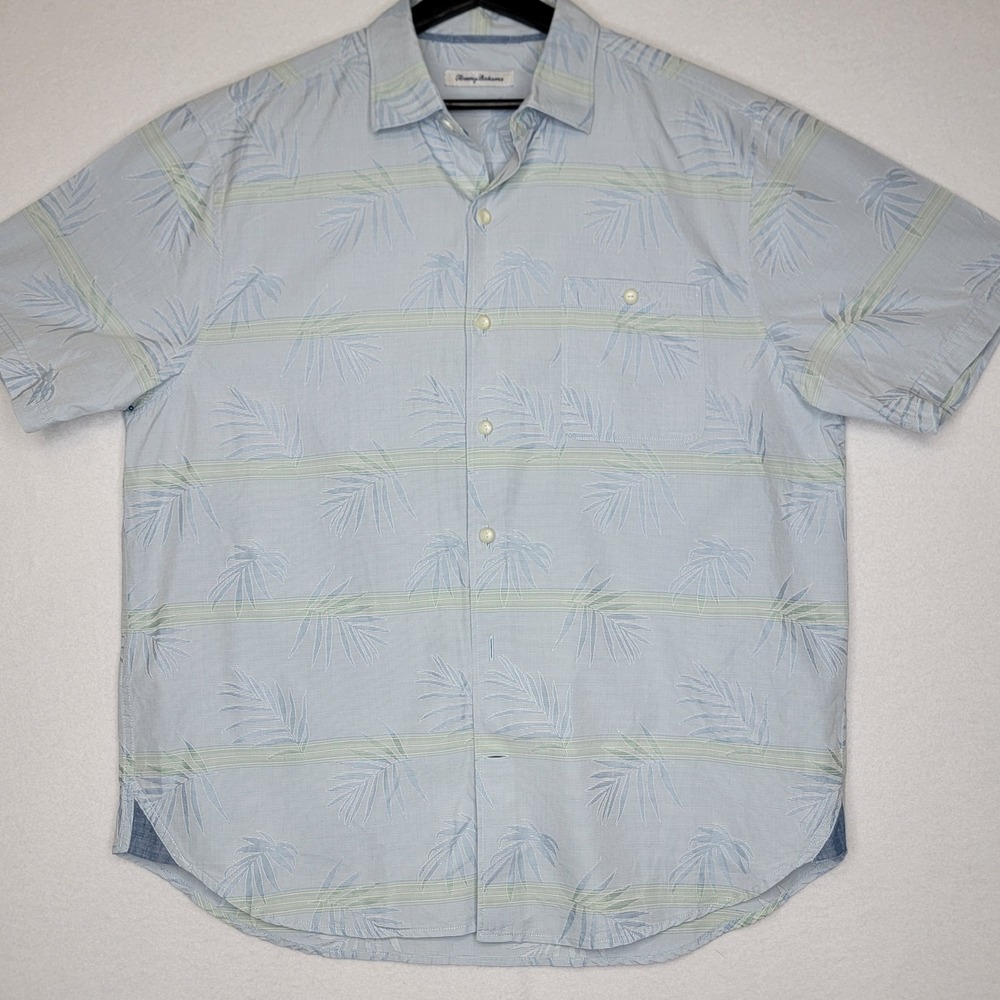 Tommy Bahama Mens Large Blue Palm Stripe Short Sleeve Button Up Camp Shirt L